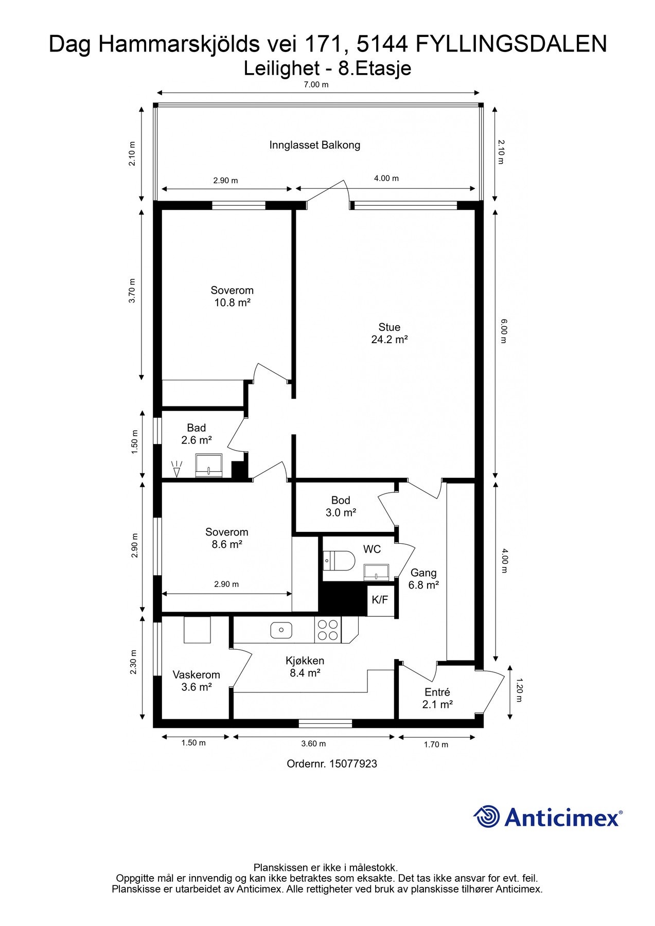 Planskisse med areal i hvert rom (det tas forbehold om feil/avvik). Galleribilde