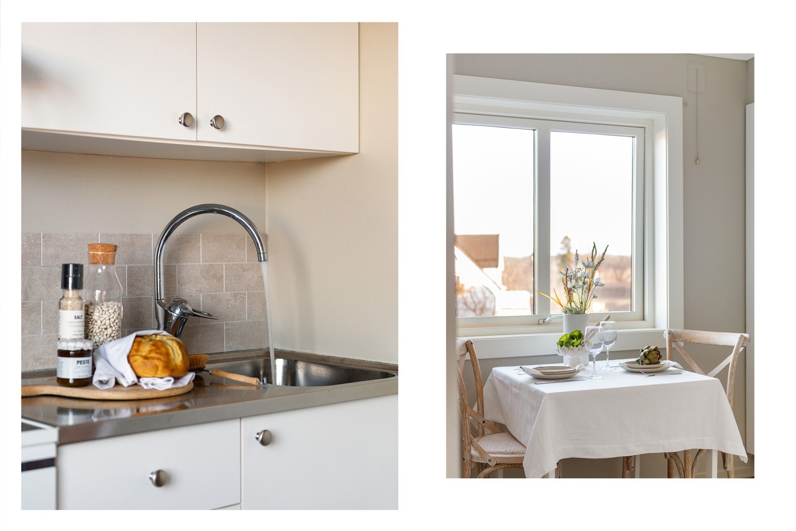 Kjøkkeninnredning med slette fronter, stål oppvaskum og benkeplate og frittstående hvitevarer. Galleribilde