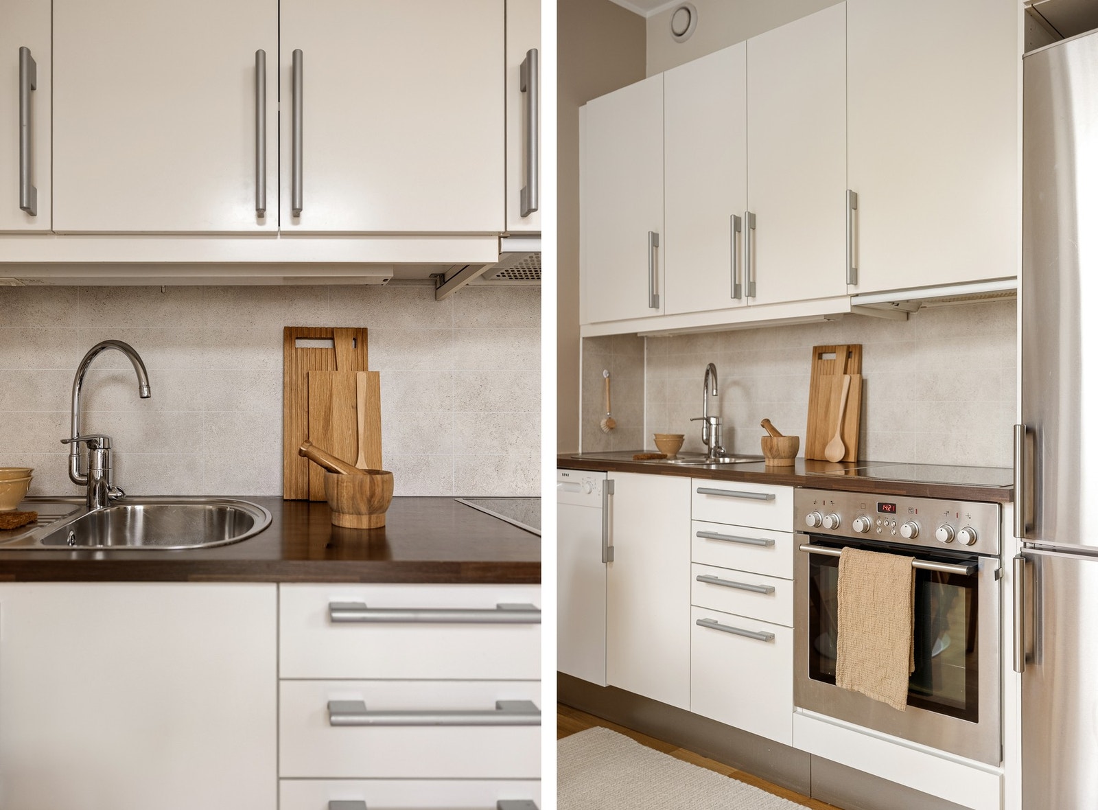 Fint HTH kjøkken med slette fronter og laminat benkeplate. Galleribilde