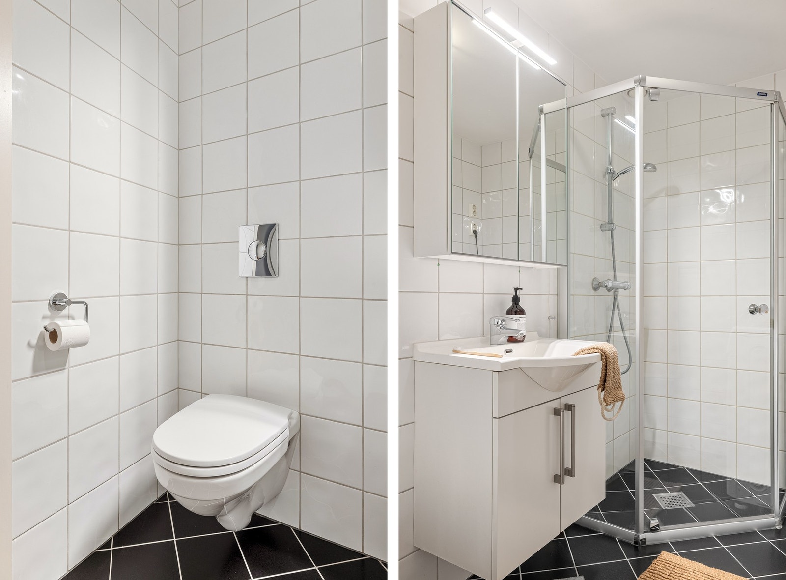 Badet er innredet med vegghengt toalett, servant med innredning, dusj med glassvegger og opplegg for vaskemaskin. Galleribilde