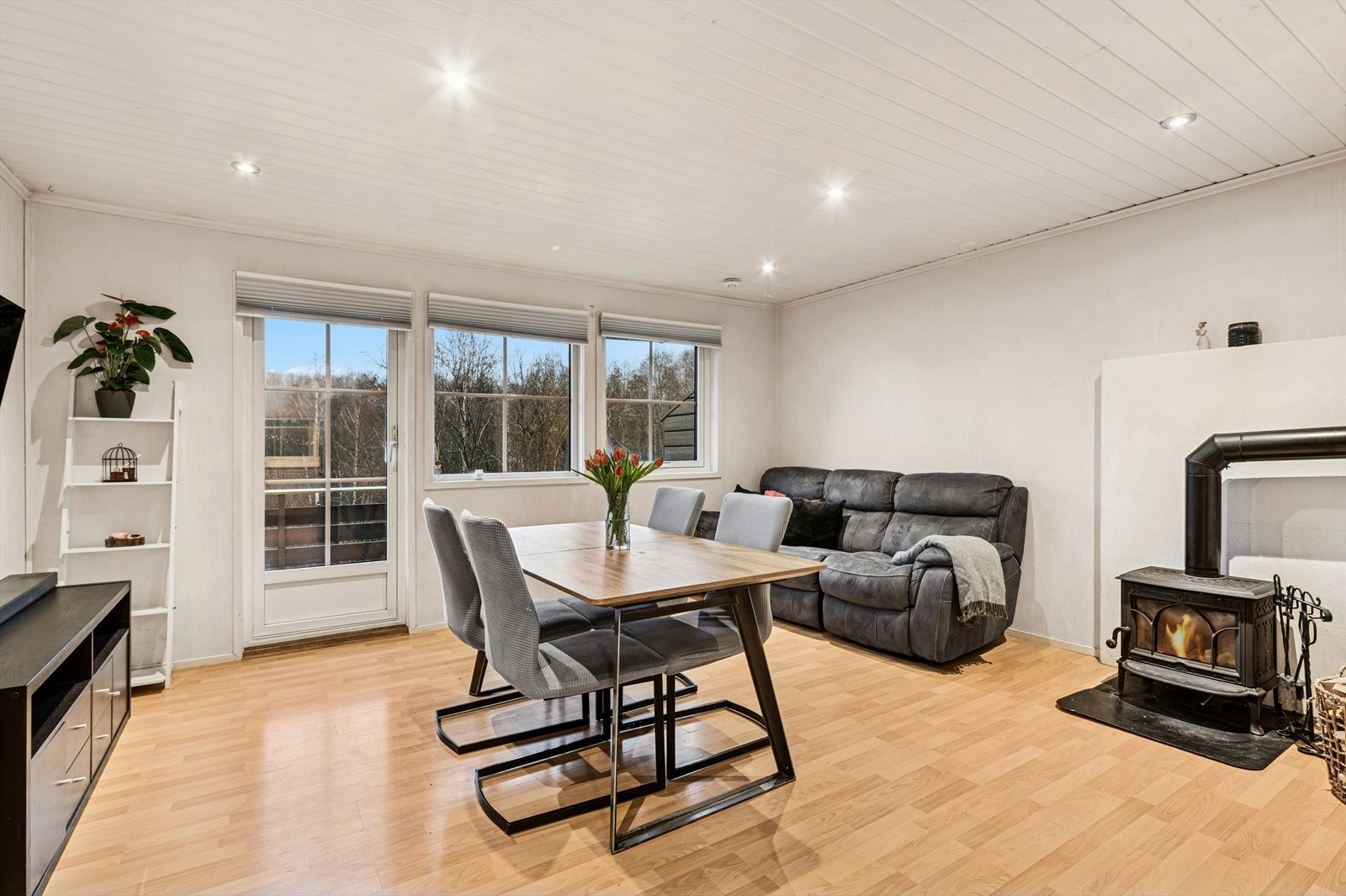 Det er peis i stuen som sørger for mye varme på kalde vinterdager! Galleribilde