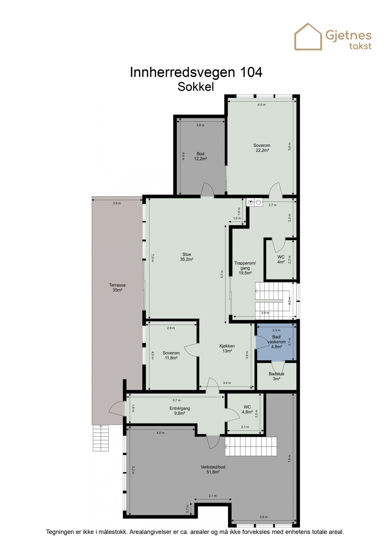 Planløsning sokkel. I tillegg til del som er brukt som hybelleilighet, så har man enda et soverom, ekstra wc og stort verksted/hobbyrom. Galleribilde