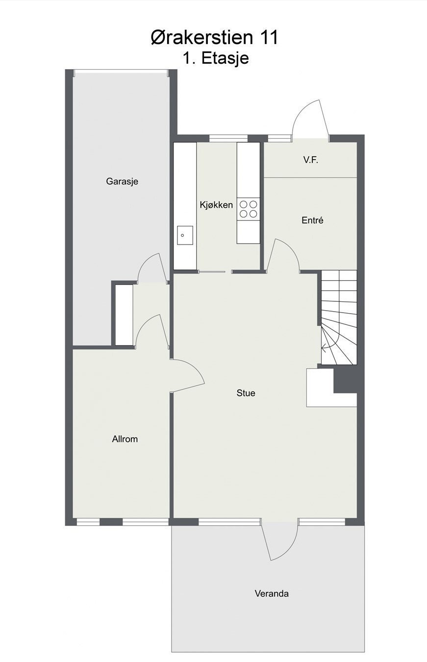 Plantegning 1 etasje. Plantegning er kun ment som illustrasjon. Rommene er beskrevet til hva de faktisk brukes til. Galleribilde