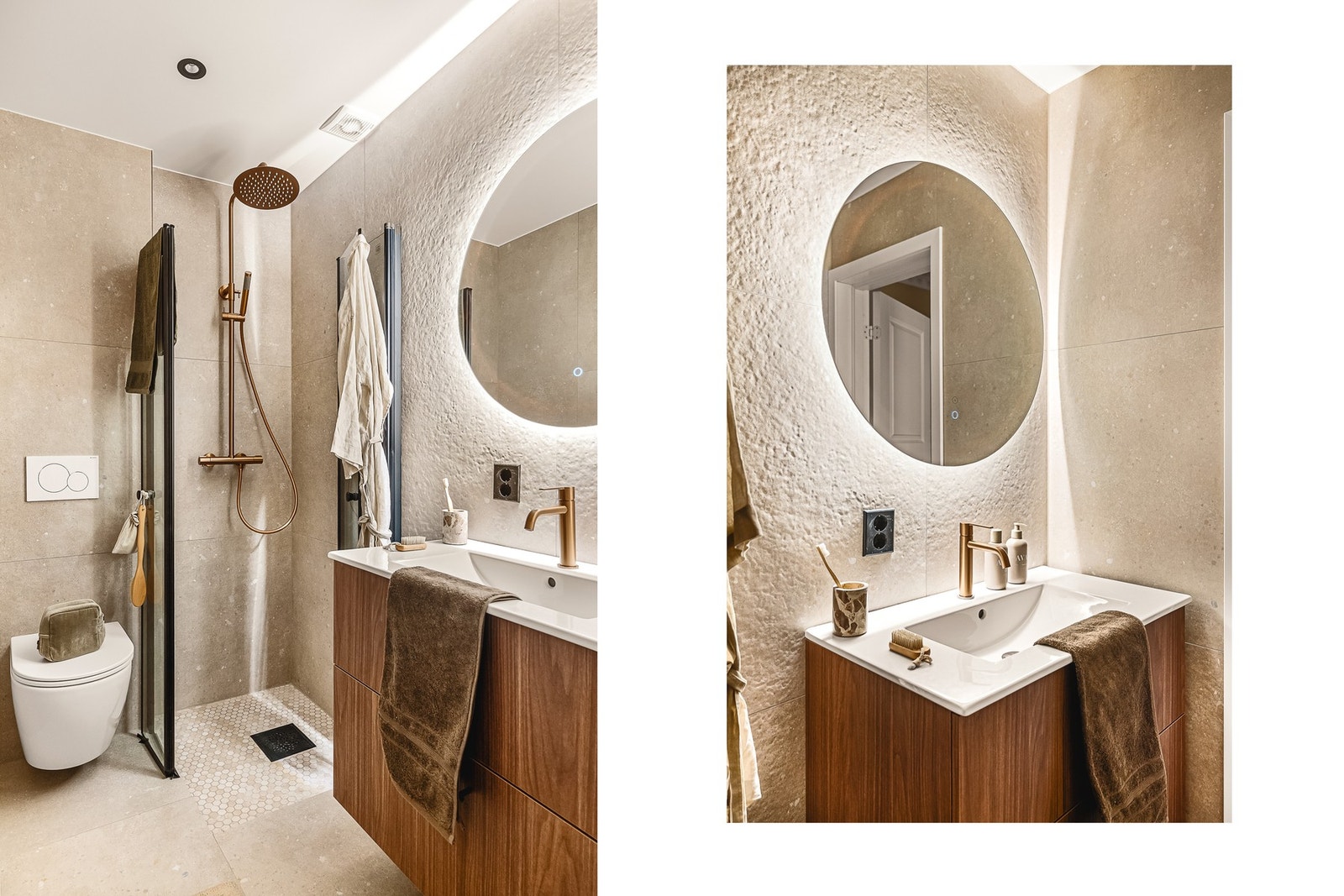 Inneholder innredning med servant, toalett, dusjhjørne, speil og belysning Galleribilde