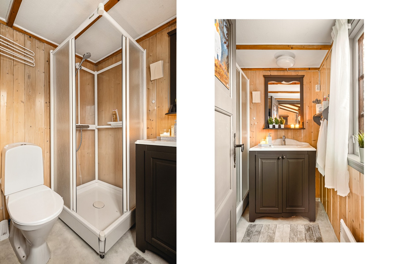 Badet måler 3,7 m² og inneholder toalett, helstøpt servant og dusjkabinett. Galleribilde