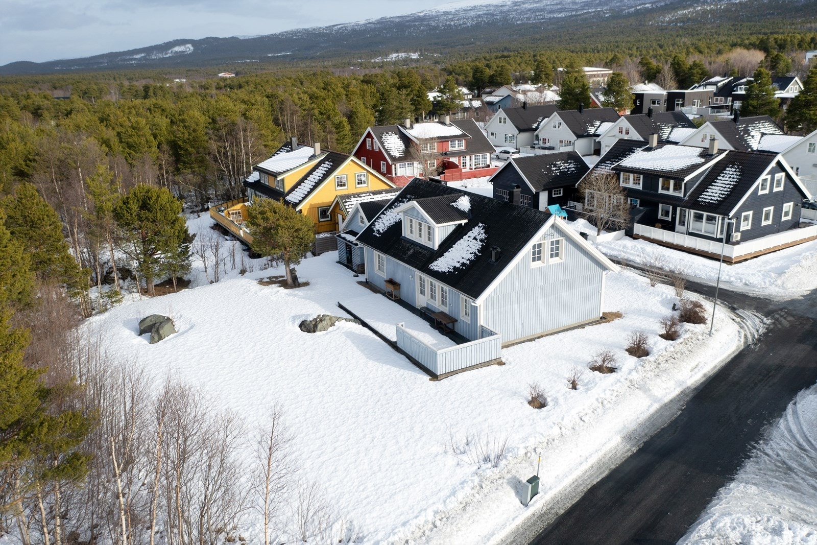 Eiendommens tomt er opparbeidet med plen, beplantning og gruset gårdsplass Galleribilde