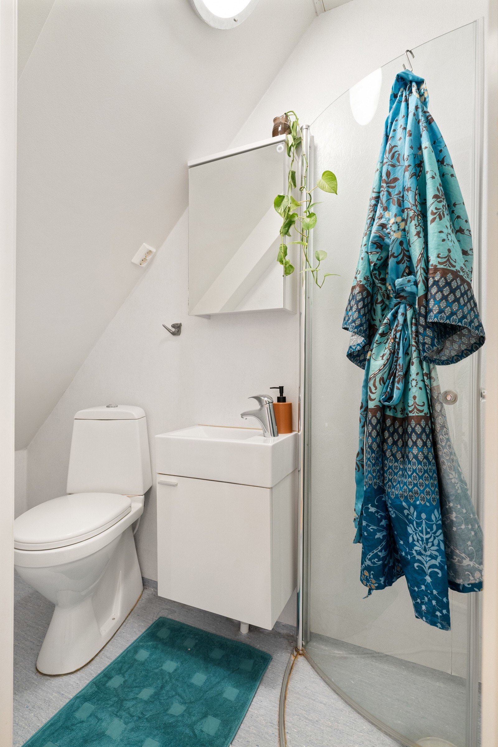 Praktisk bad med toalett, servant med underbygg og dusj. Galleribilde