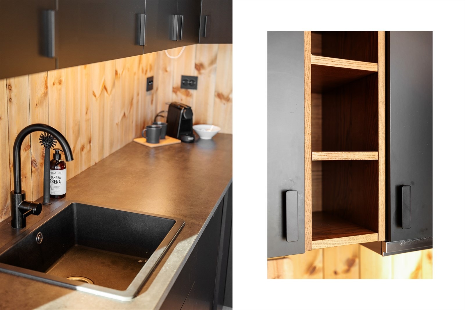 Benkeplate av laminat med stilfull, sort stålvask og blandebatteri. Galleribilde