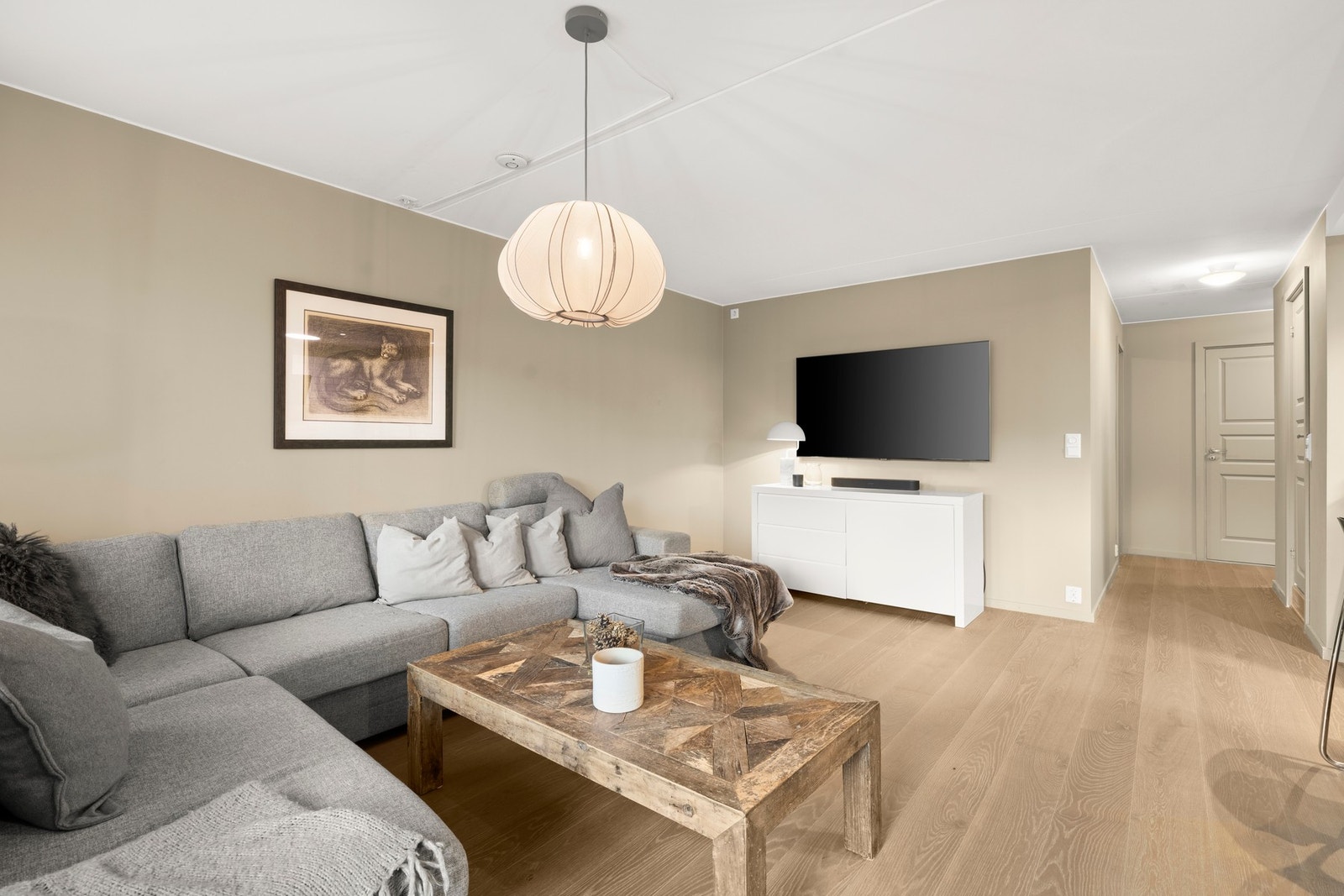 God plass til stor sofa, TV og tilhørende innredning. Galleribilde