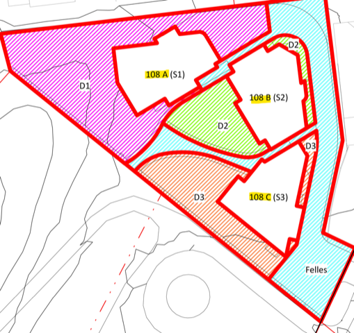 Oversikt fordeling Johns Colletts allé 108 A - Er 108 C i dag - felles hage/uteareal i seksjoneringsbegjæringen men fordeling bruk og vedlikehold for hver enkel enhet som beskrevet i vedtektene Galleribilde