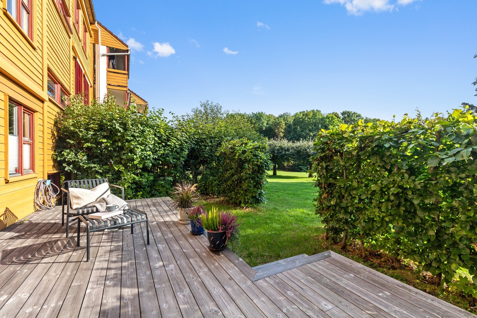 En flott hekk skjermer terrassen fra innsyn. Galleribilde