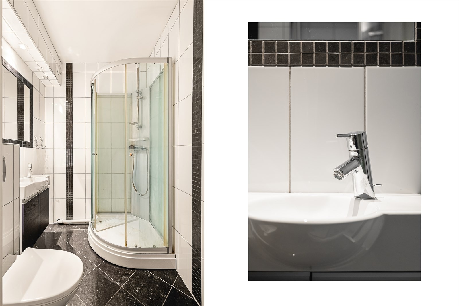 Badet er antatt modernisert på tidlig 2000 tallet.
Ved en eventuell renovering er det mulig å slå sammen vaskerom/bad. Du vil da et romslig baderom på ca 6 kvm. Galleribilde