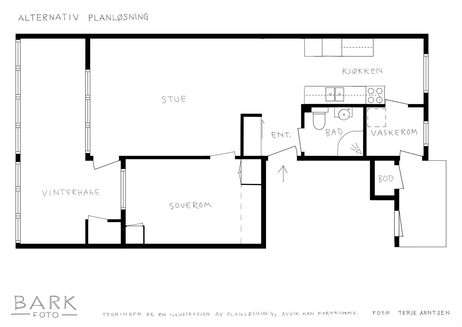 Alternativ planløsning:
Ved en eventuell framtidig renovering finnes det flere gode alternativer. Vegger mellom gang/stue/kjøkken er ikke bærende, og kan fjernes.
Det er også mulig å slå sammen bad/vaskerom. Galleribilde