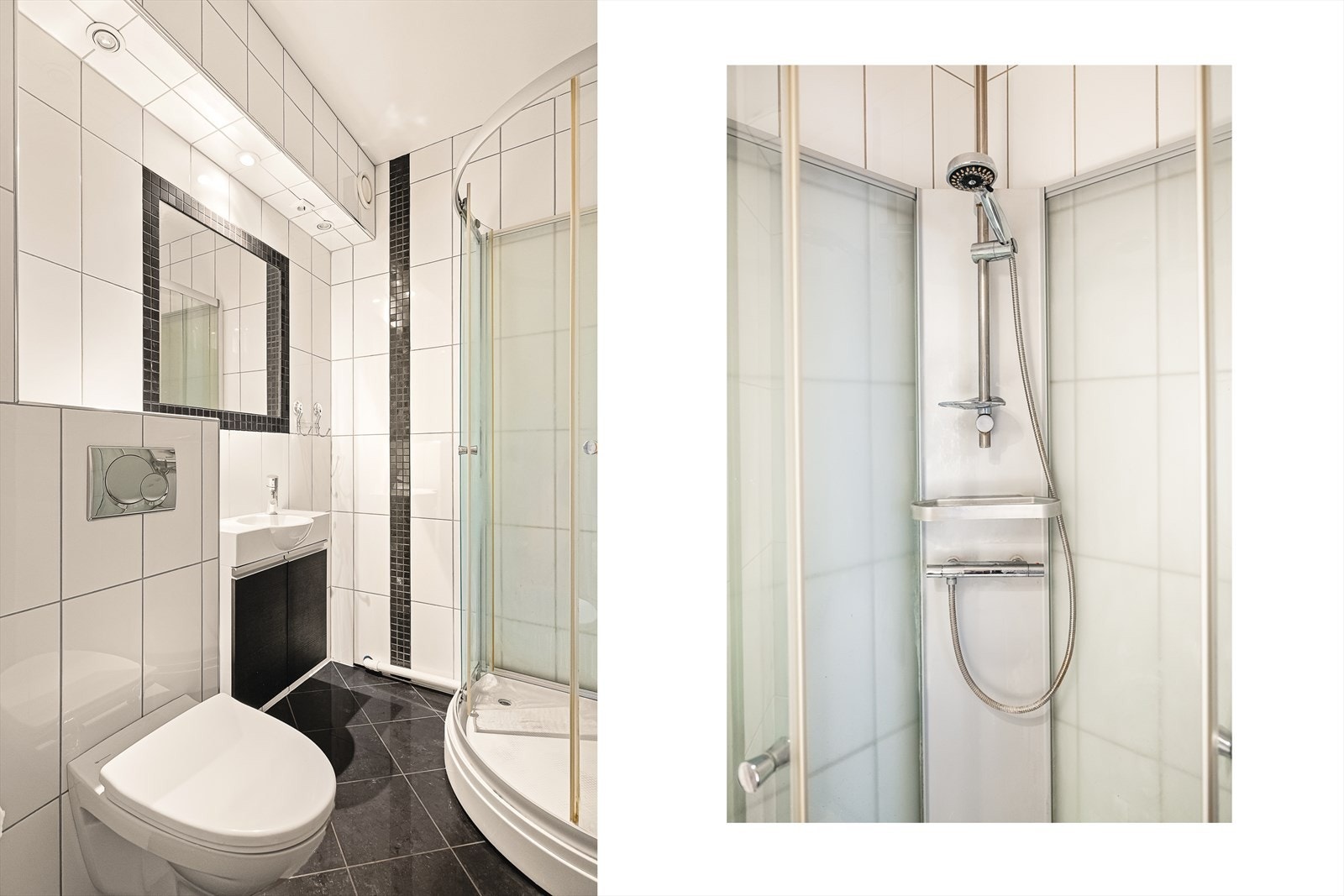 Leiligheten har et helfliset bad med varmekabler, som måler 3 kvm. Galleribilde