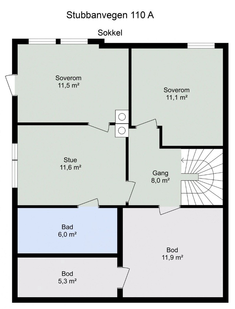 Plantegning. Det er rommene, soverom (11,5kvm), Stue og bad som tilhører hybelen Galleribilde