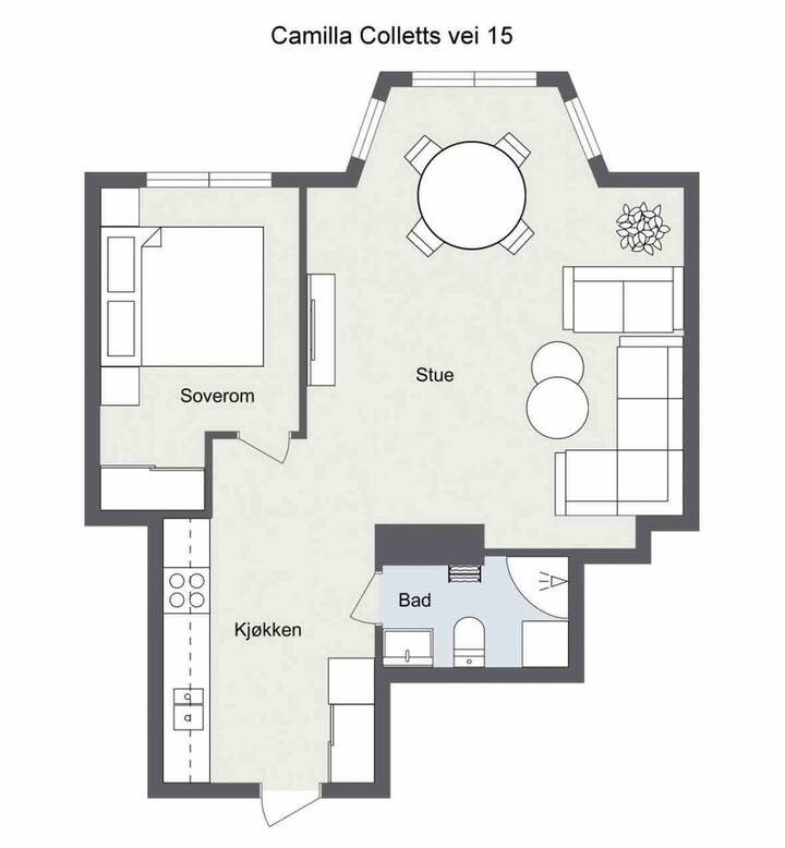 Leilighetens arealeffektive planløsning som gir en god romfølelse gjennom store vindusflater. Galleribilde