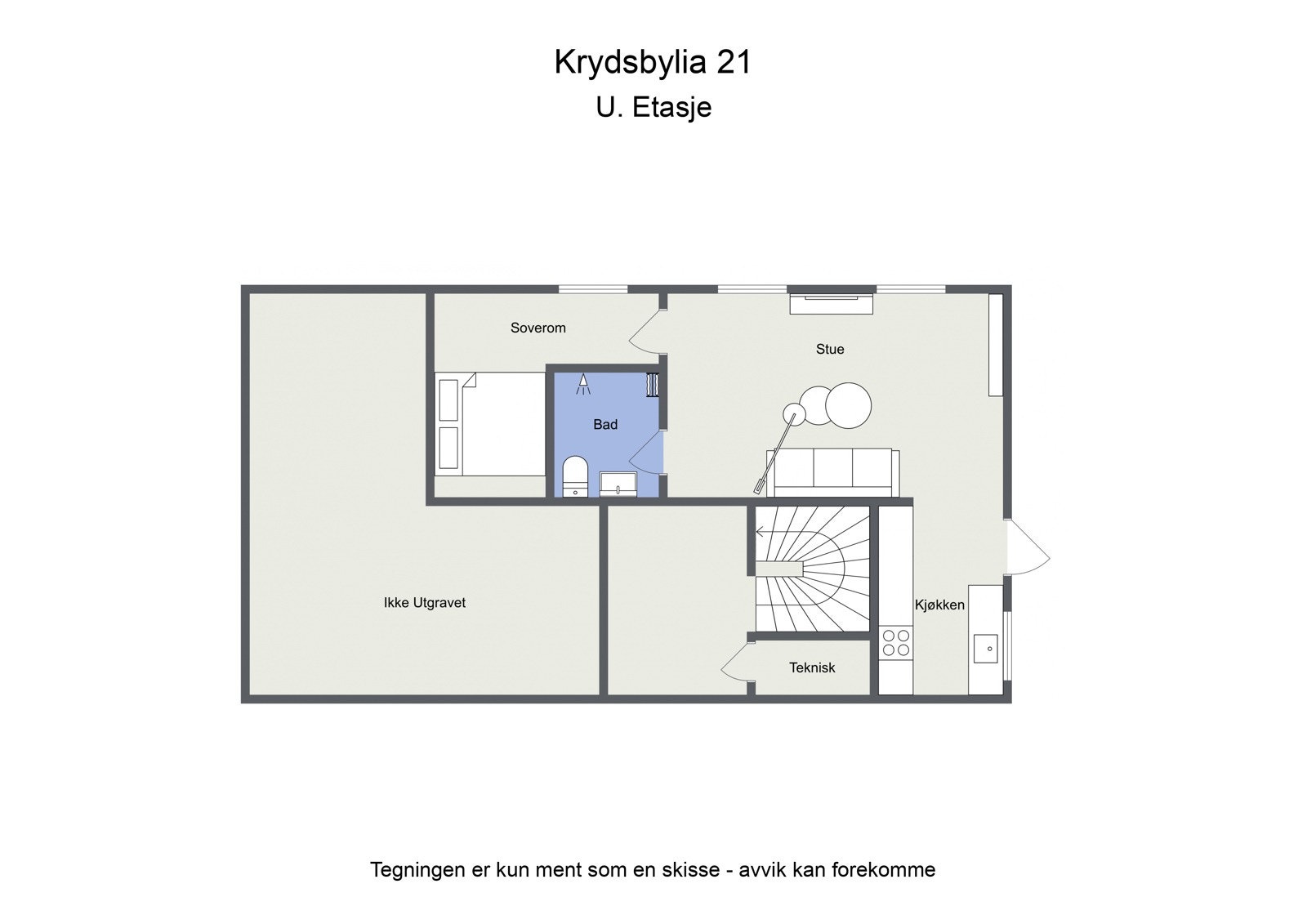 Omtrentlig planskisse U. etasje. Se salgsoppgave under "Innhold" for beskrivelse av avvik mellom dagens bruk og byggemeldt løsning. Galleribilde