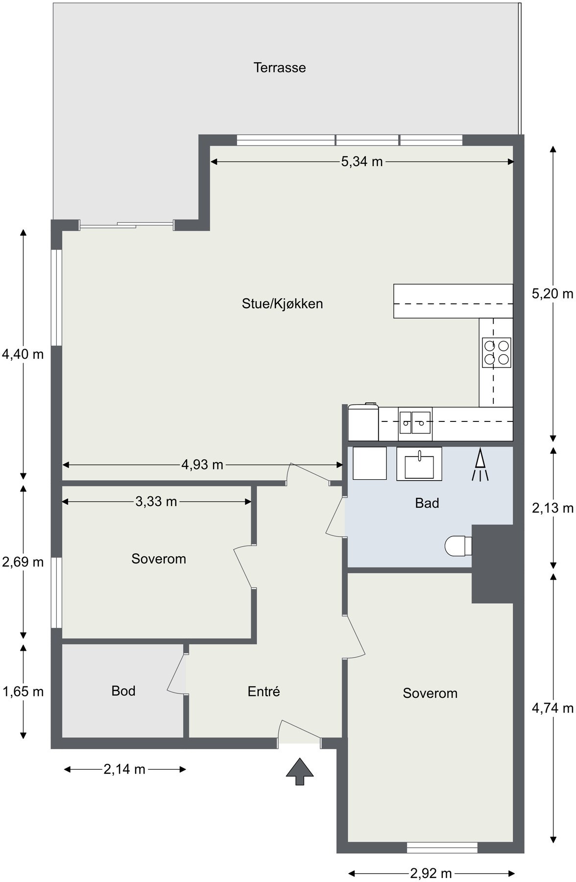 Vi starter med å ta en titt på planskissen. I tillegg til innvendige arealer disponerer leiligheten en kjellerbod. Galleribilde