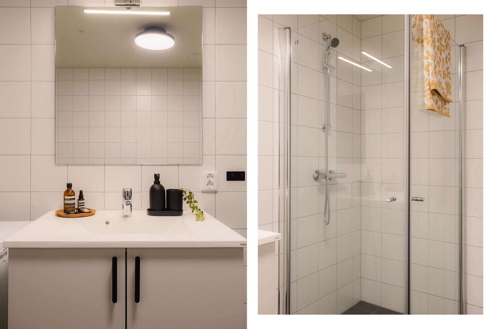 Innredning og garnityr på bad fremstår med: veggmontert WC, dusjplass med inn-utadslående dusjvegger, servant med ettgreps blandebatteri i
innredning og opplegg for vaskemaskin. Galleribilde