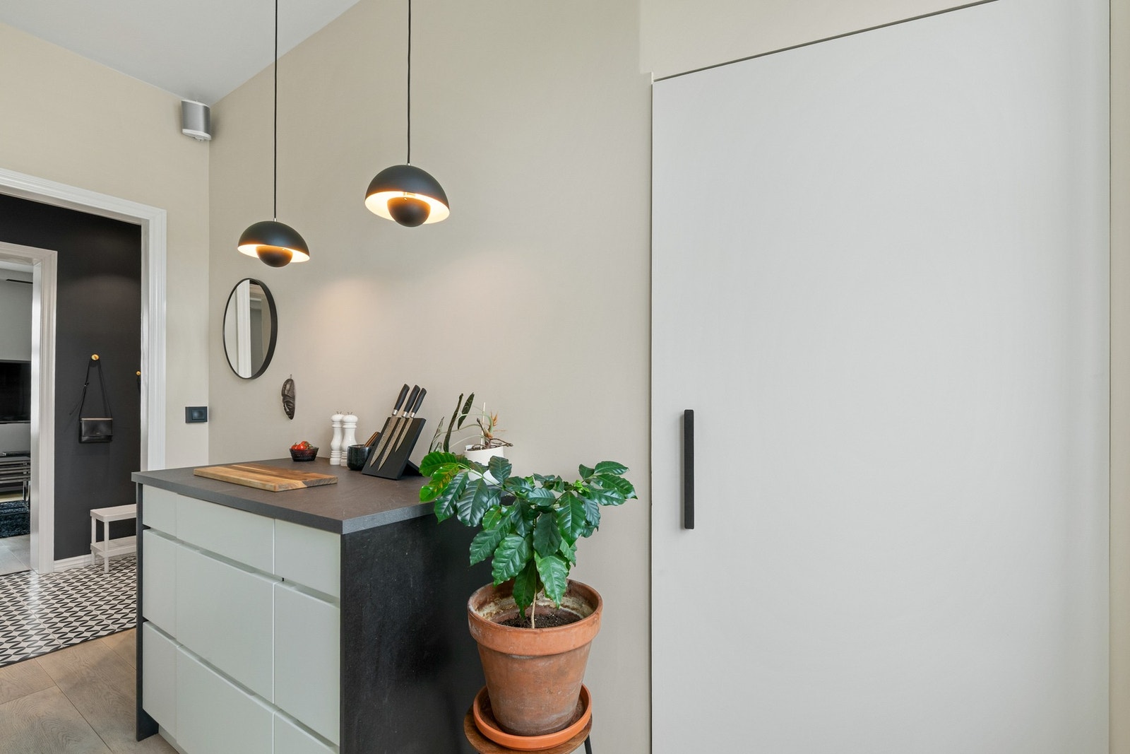 Egen superpraktisk nisje med skapdør til vaskemaskin i hjørnet Galleribilde