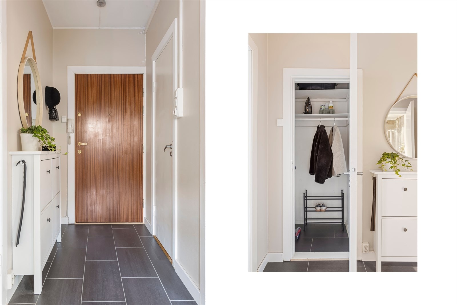 Her er det gode oppbevaringmuligheter for å henge fra seg sko og yttertøy. Galleribilde