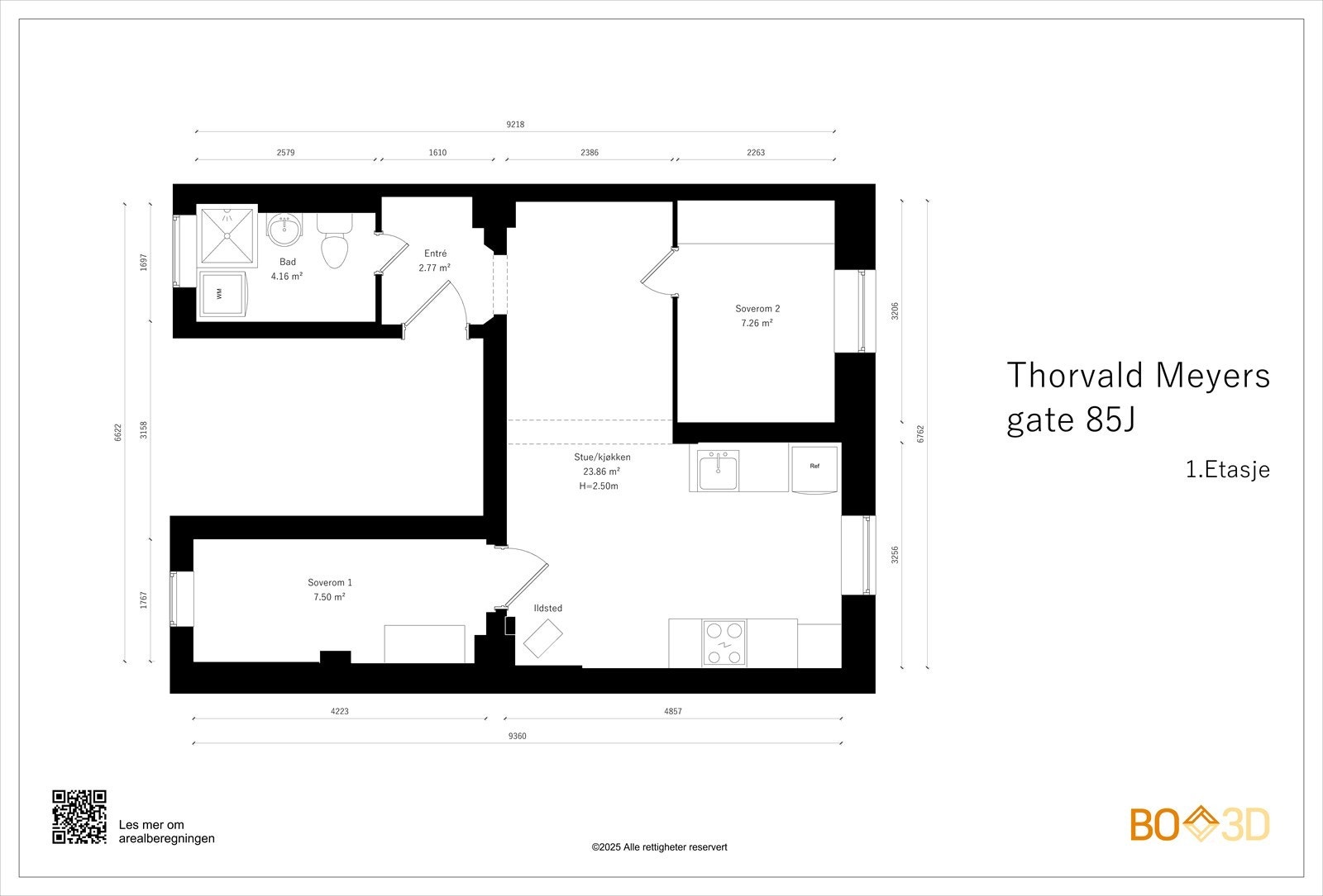 Plantegningen viser en god romfordeling med åpen stue/kjøkken, to soverom og bad. Galleribilde