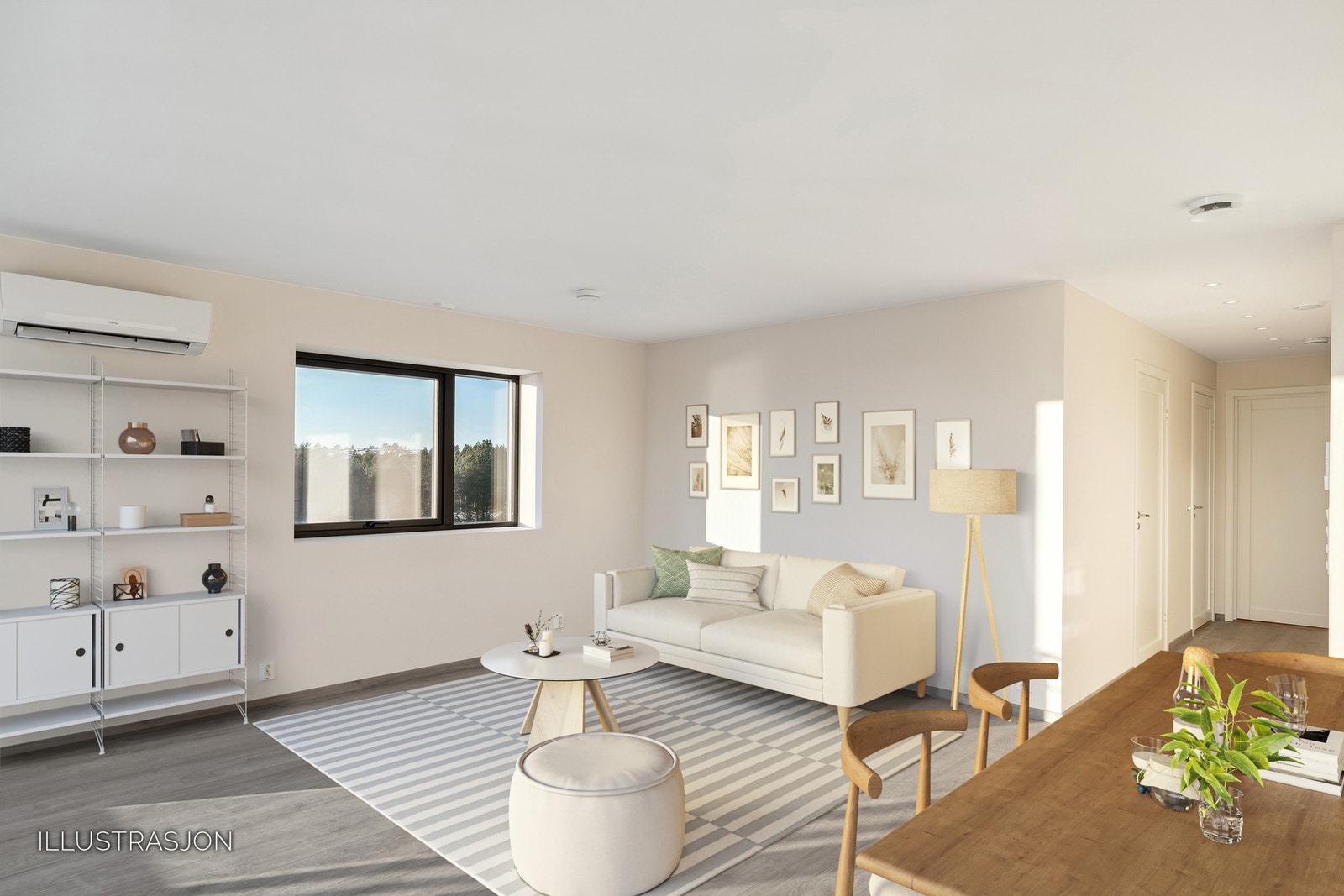 Stuen har rikelig med plass til sofa, spisebord, oppbevaringsmøblement m.m. Bildet er digitalt møblert. Galleribilde