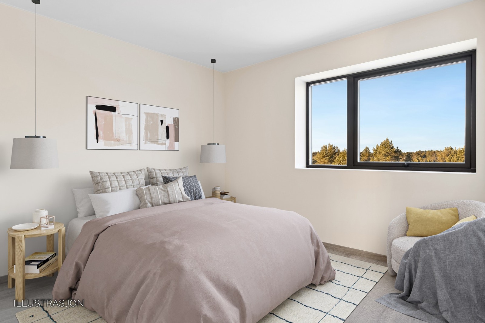 Leiligheten har til sammen 3 soverom av god størrelse. Bildet er digitalt møblert. Galleribilde