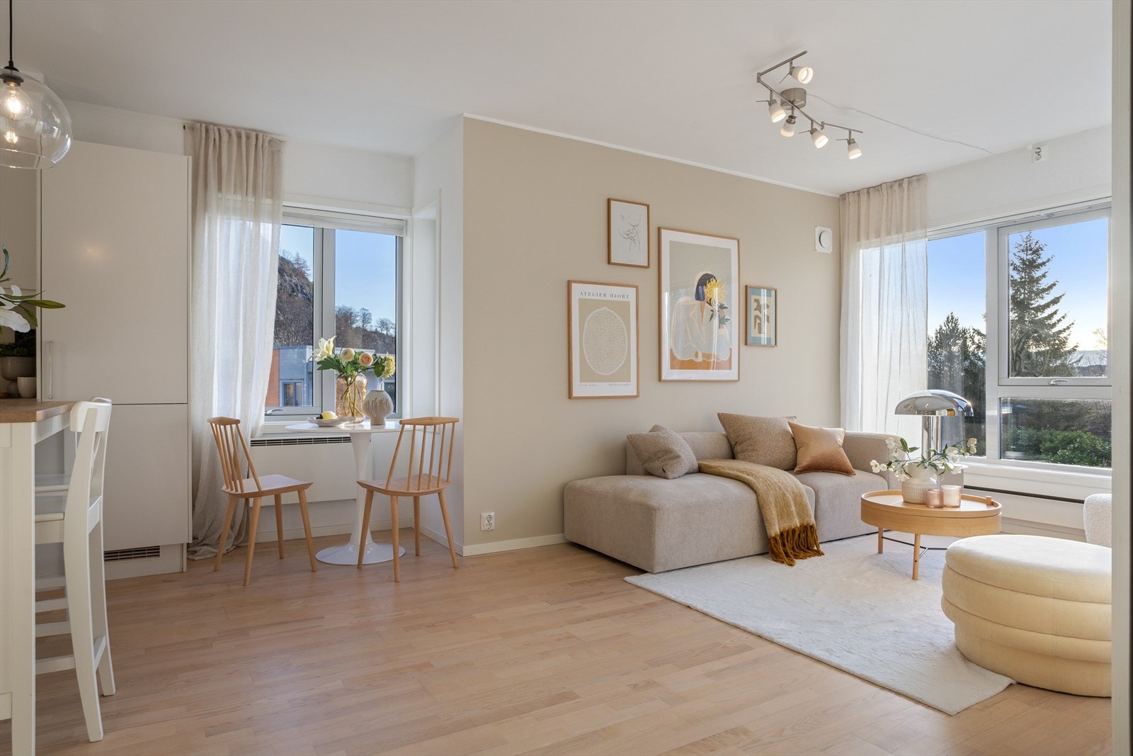 Leiligheten har en innbydende og lys stue. Galleribilde