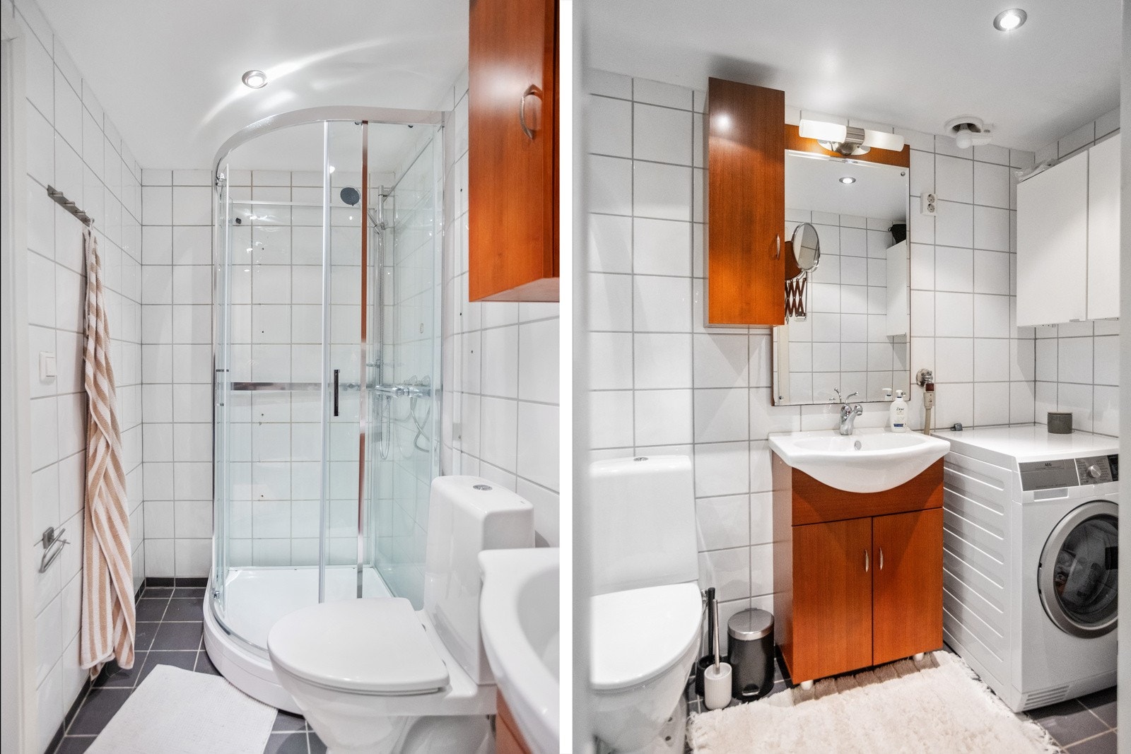 Praktisk bad med vaskemaskin, oppbevaringsskap og tidløst design. Galleribilde