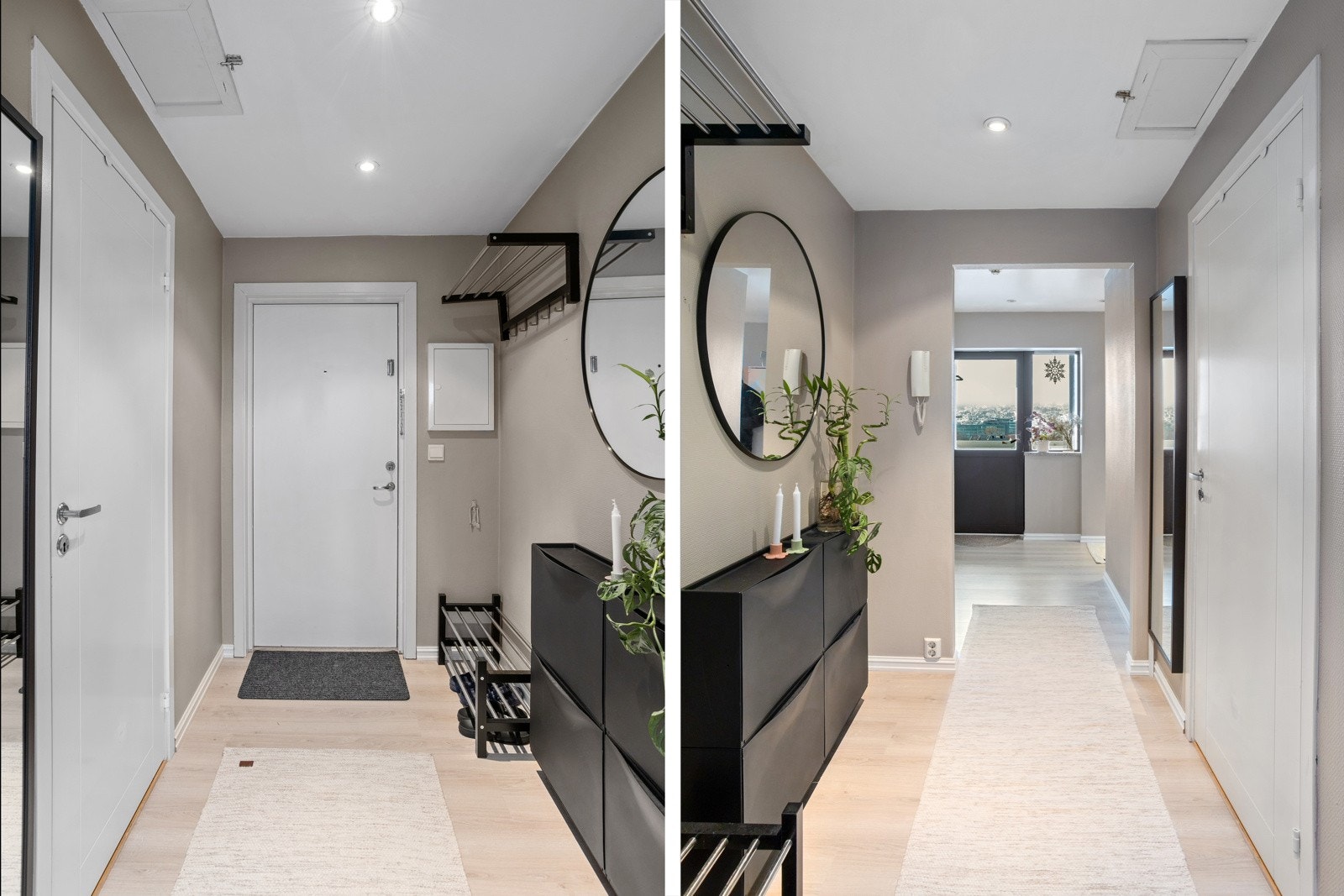 Lys og innbydende entré med stilrene detaljer og praktisk oppbevaring. Galleribilde