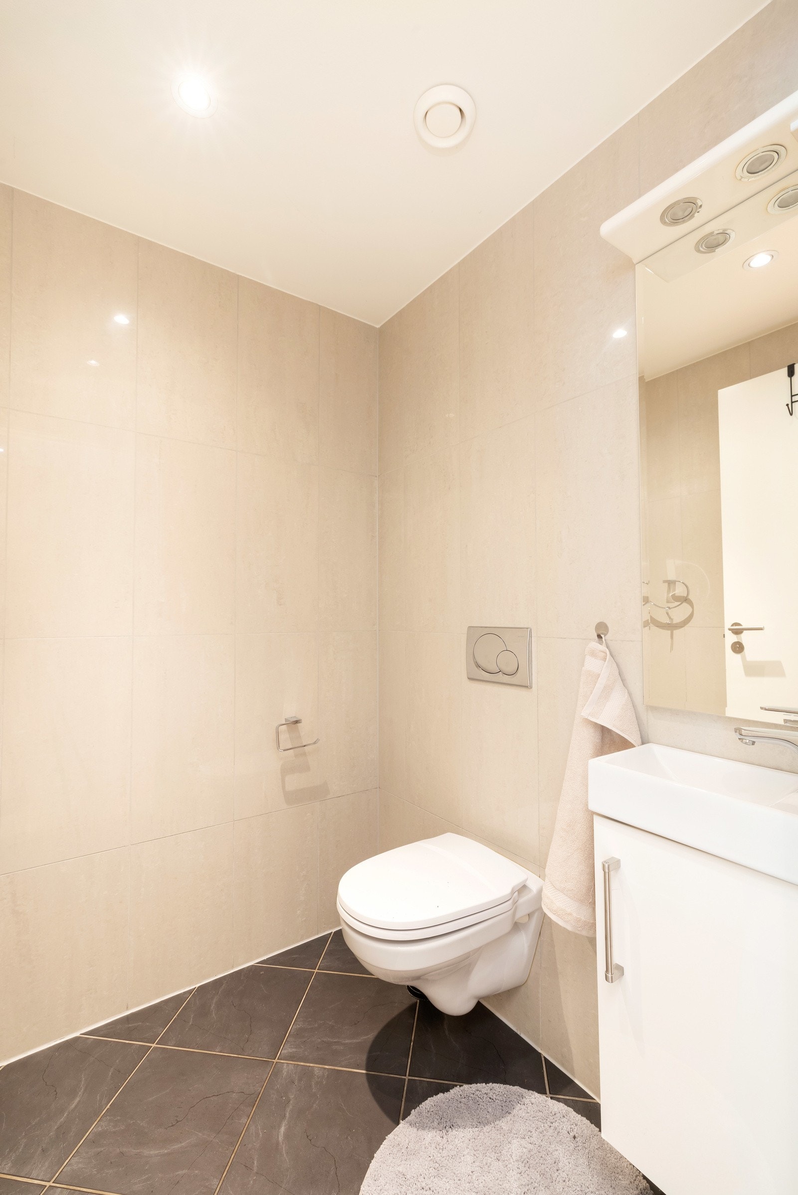 Pent toalett med fliser på både gulv og vegger Galleribilde