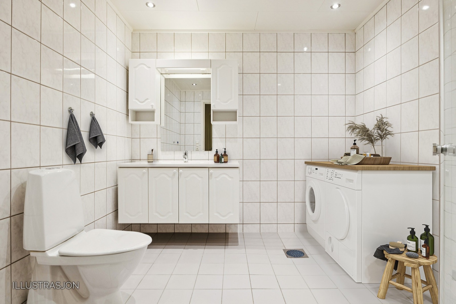 Badet har varmekabler i gulv, godt med belysning, uttak for vaskemaskin og dusjhjørne. Digitalt innredet med pynt og vaskemaskin/tørketrommel. Galleribilde