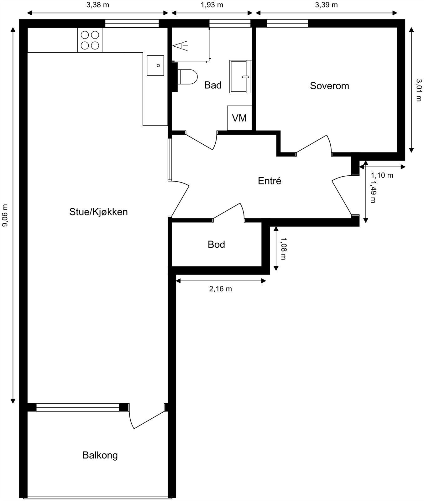 Plantegningen viser en arealeffektiv leilighet med entré, bad, soverom, stue/kjøkken og bod. Galleribilde