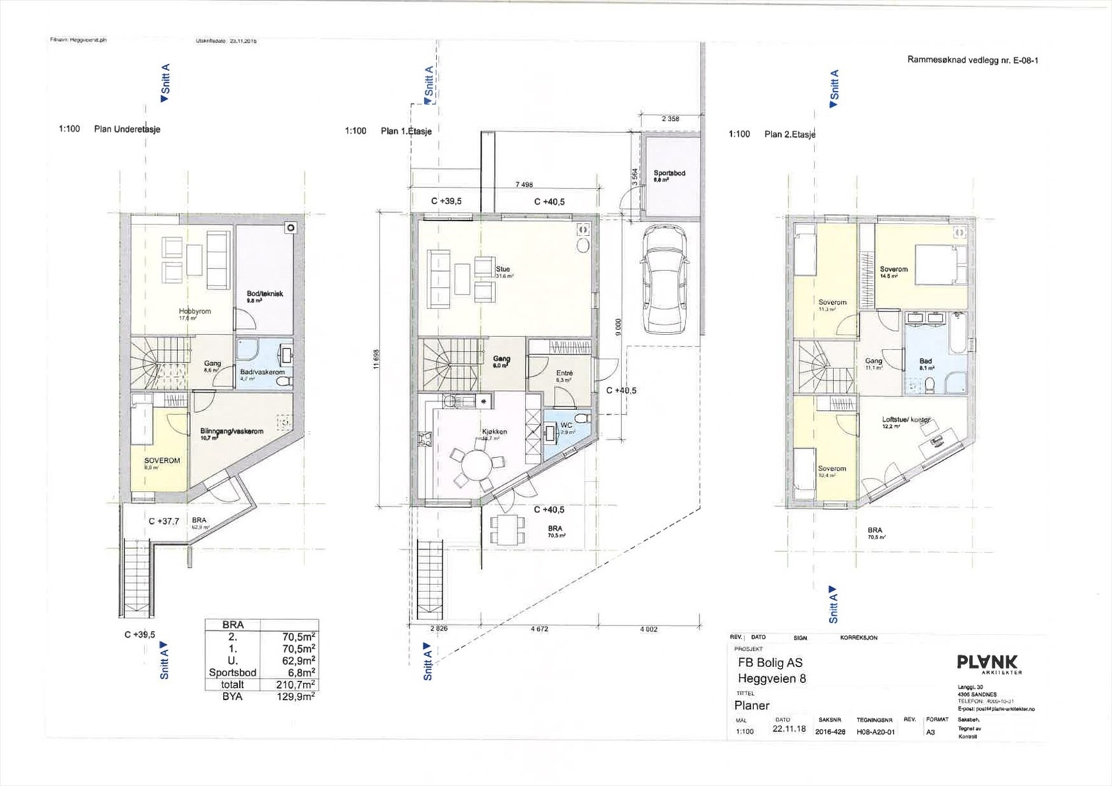 Plantegning. Bodteknisk rom i underetasjen er i dag innredet og det er satt inn vindu med rømningsvei. Galleribilde
