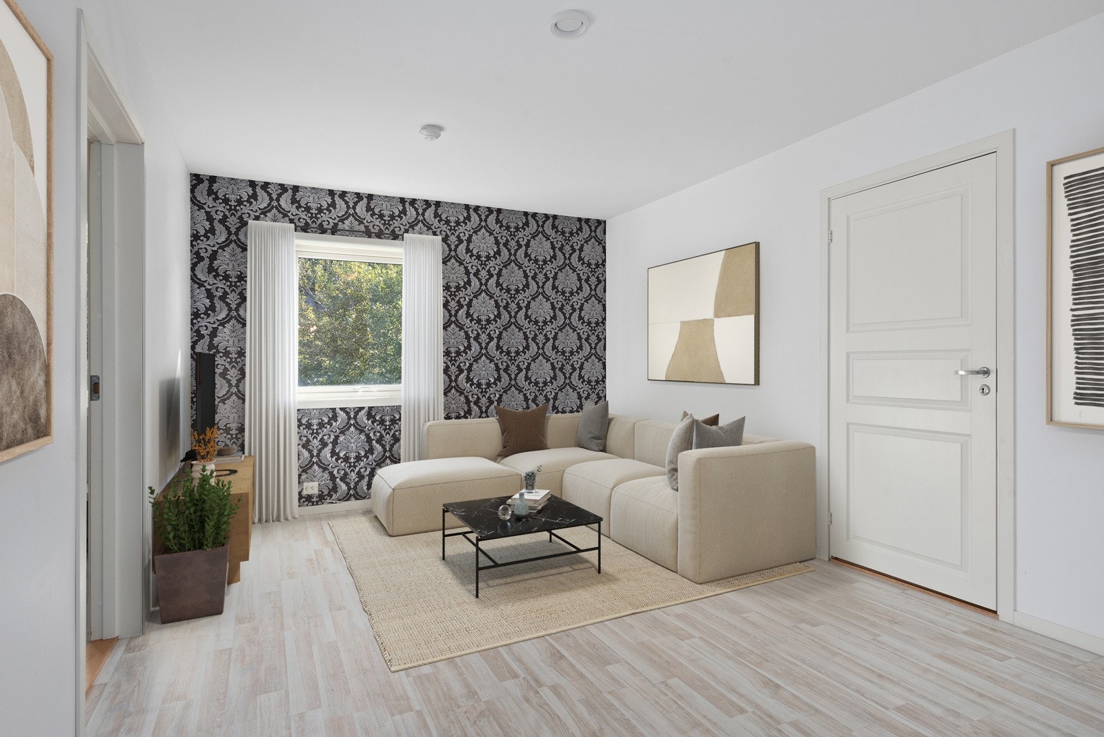 Romslig, lys og fin loftstue med tapét og malte flater på vegger, og gulv av laminat. Et fint rom - særlig om man har barn eller ungdom i hus. Galleribilde