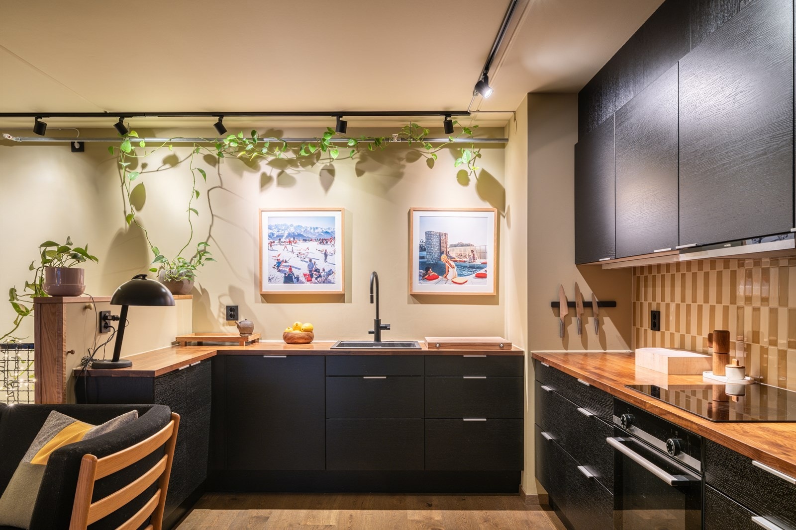 Det er utstyrt med benkeplate i tre, kum med ettgreps blandebatteri mekanisk ventilator over stekesonen. Galleribilde