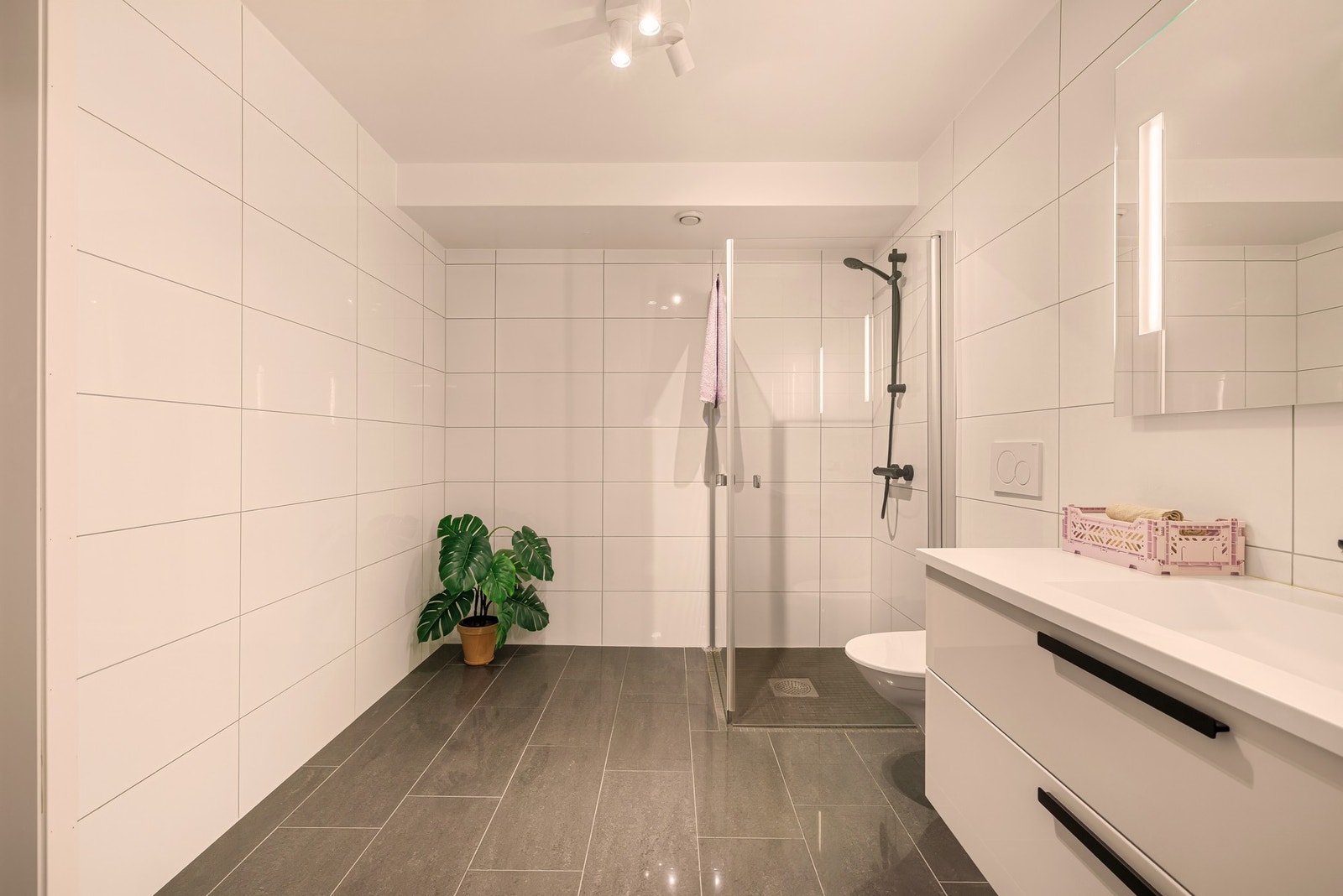 Badet nede har god størrelse, dusjsone med innfellbare glassvegger, vegghengt toalett og moderne baderomsinnredning med speilskap over. Galleribilde