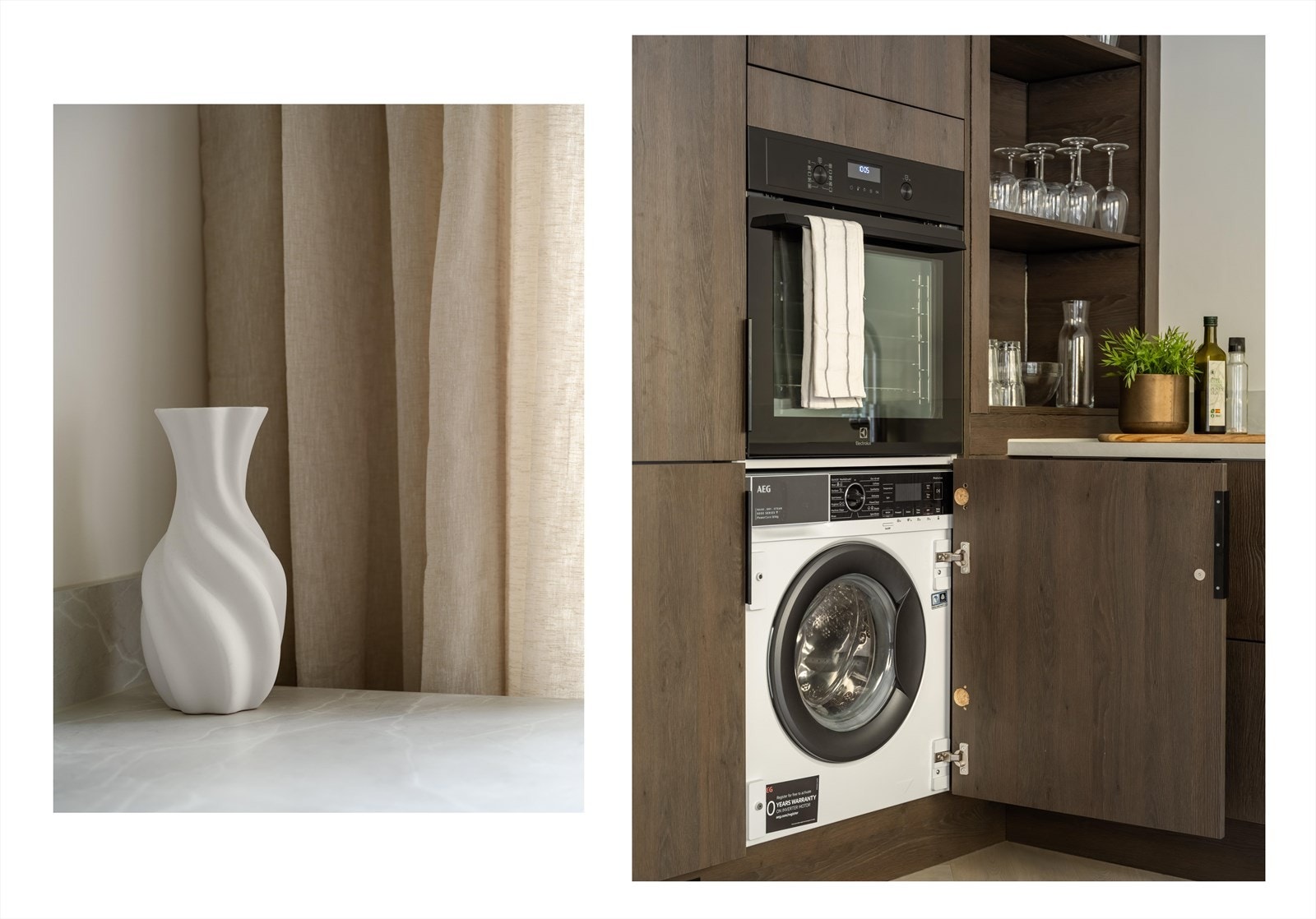 Kjøkkenet har flotte integrerte hvitevarer som stekeovn, vaskemaskin, oppvaskmaskin og platetopp. Galleribilde