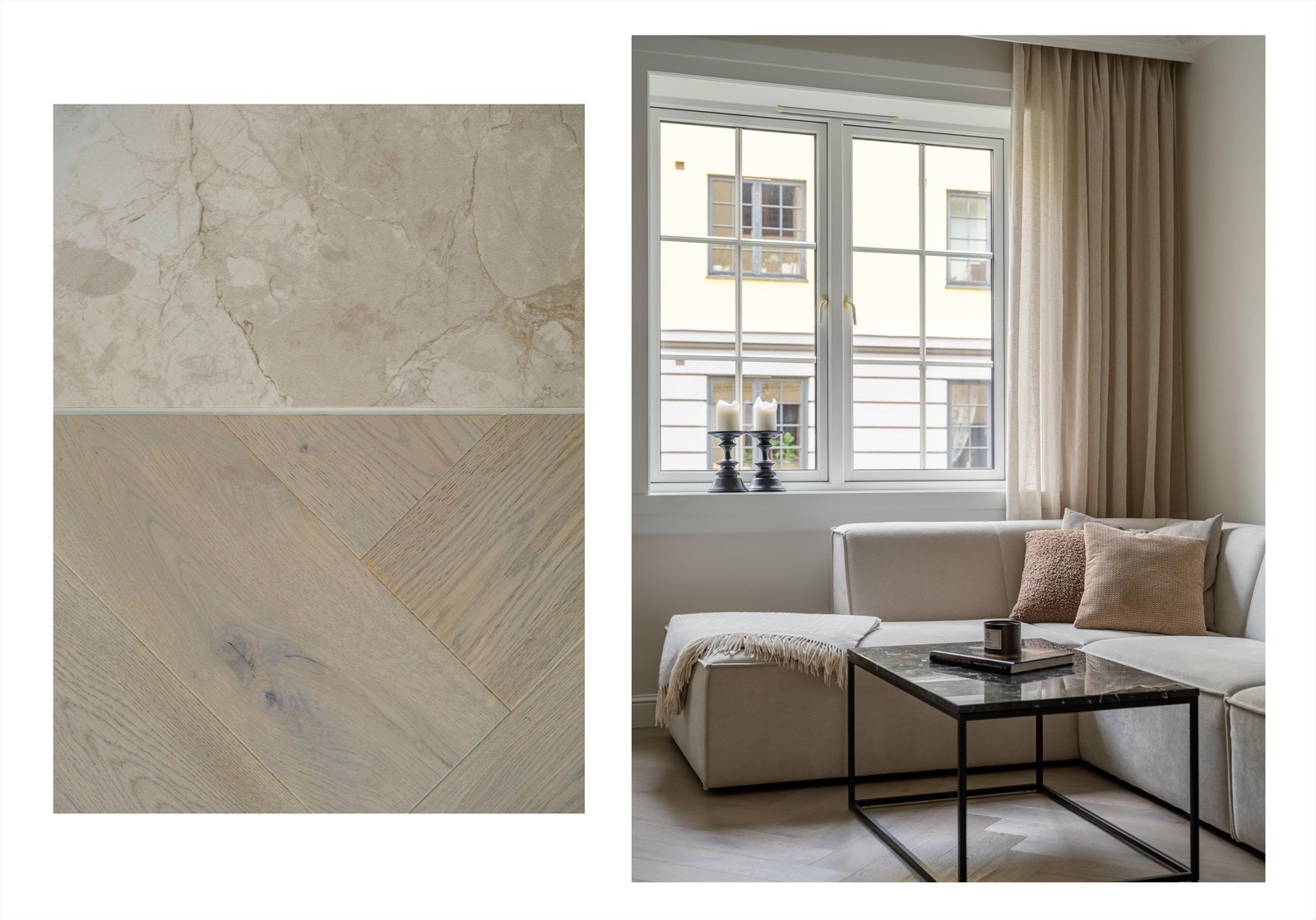 Leiligheten har et klassisk og tidløst uttrykk med lekker fiskebeinsparkett og store, pene fliser i gangen. Galleribilde