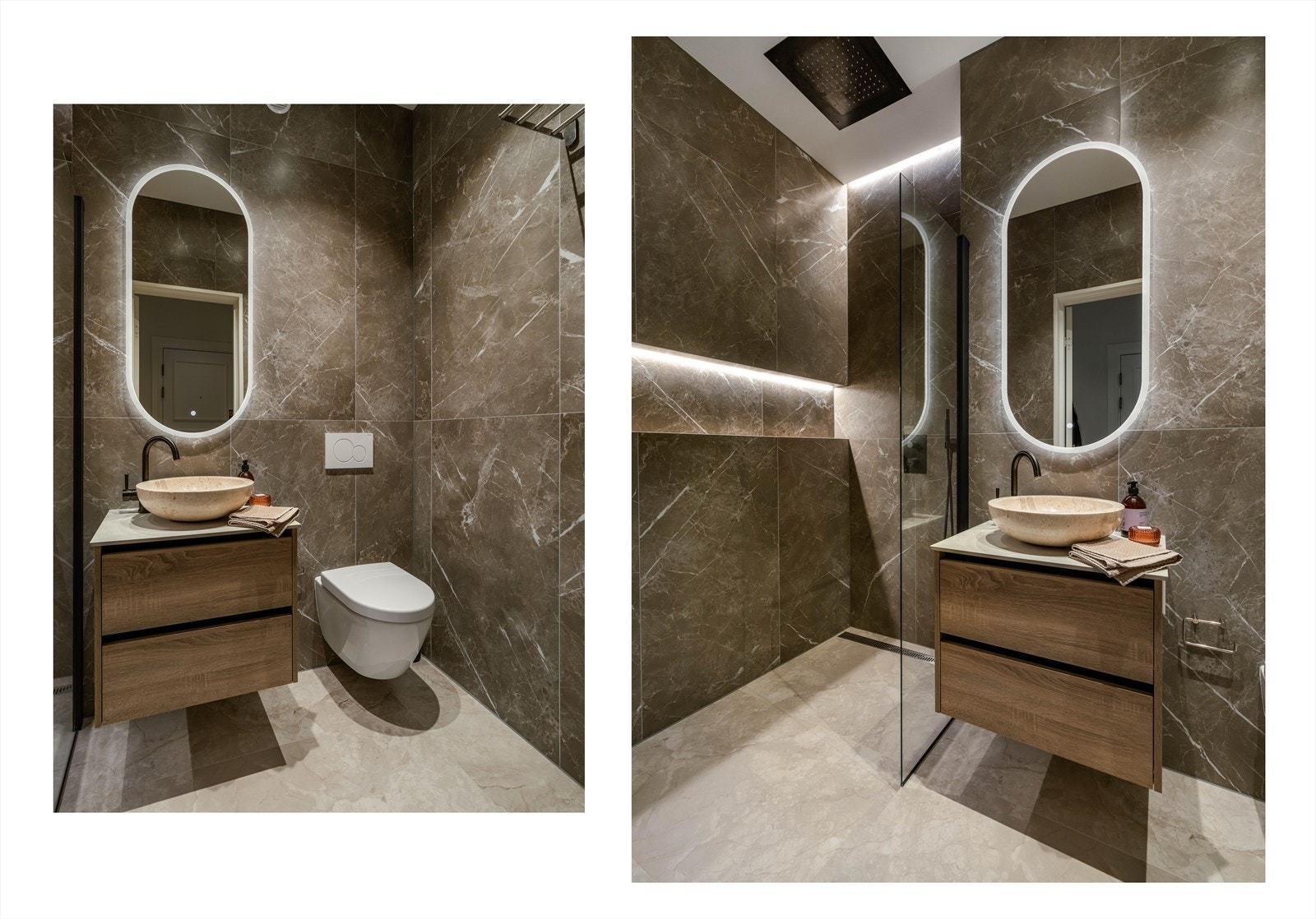 Innredningen har servant med underskap, speil med lys, regnfallsdusj med skillevegg i glass og vegghengt wc. Galleribilde