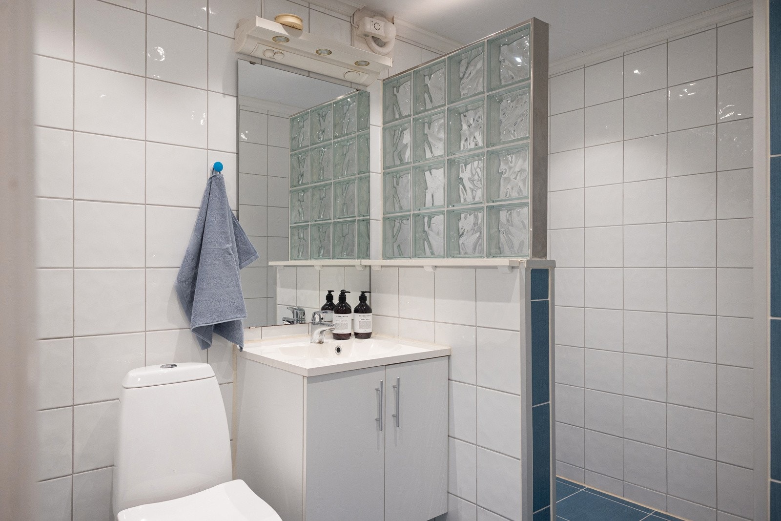 Rommet er innredet med dusjnisje avskjermet av flislagt vegg og vegg i glassbyggerstein, gulvmontert toalett samt baderomsinnredning med nedsenket servant og speil. Galleribilde