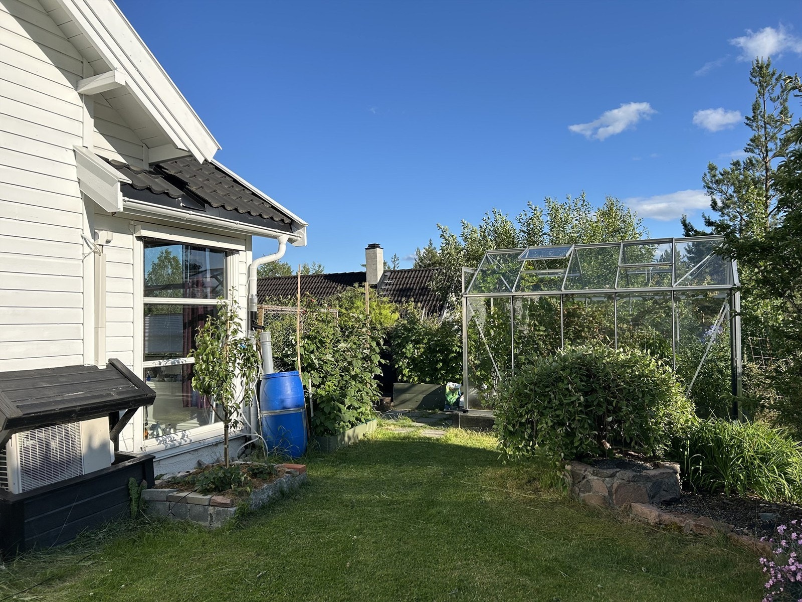 Hage med plenarealer, pæretre, morelltre, plommetre og epletre. Det er også et lite drivhus i hagen Galleribilde