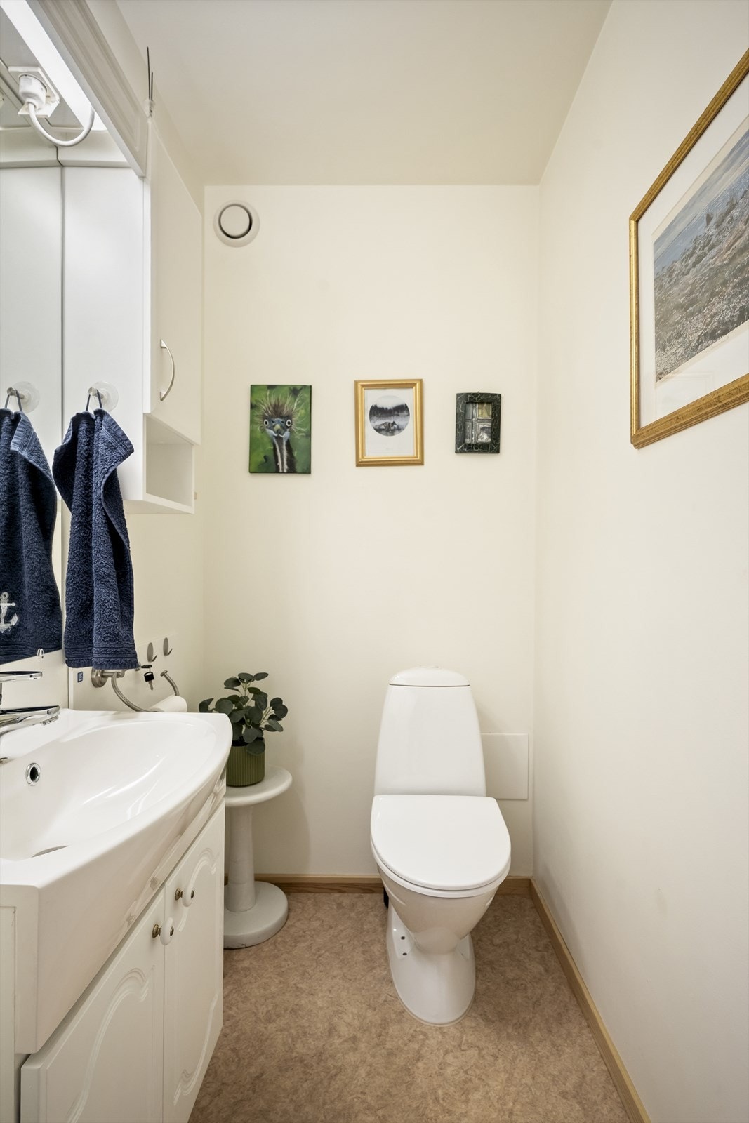 Toalettrom med belegg på gulv og malte flater på vegger. Rommet er innredet med servantmøbel, speil med belysning og toalett. Galleribilde