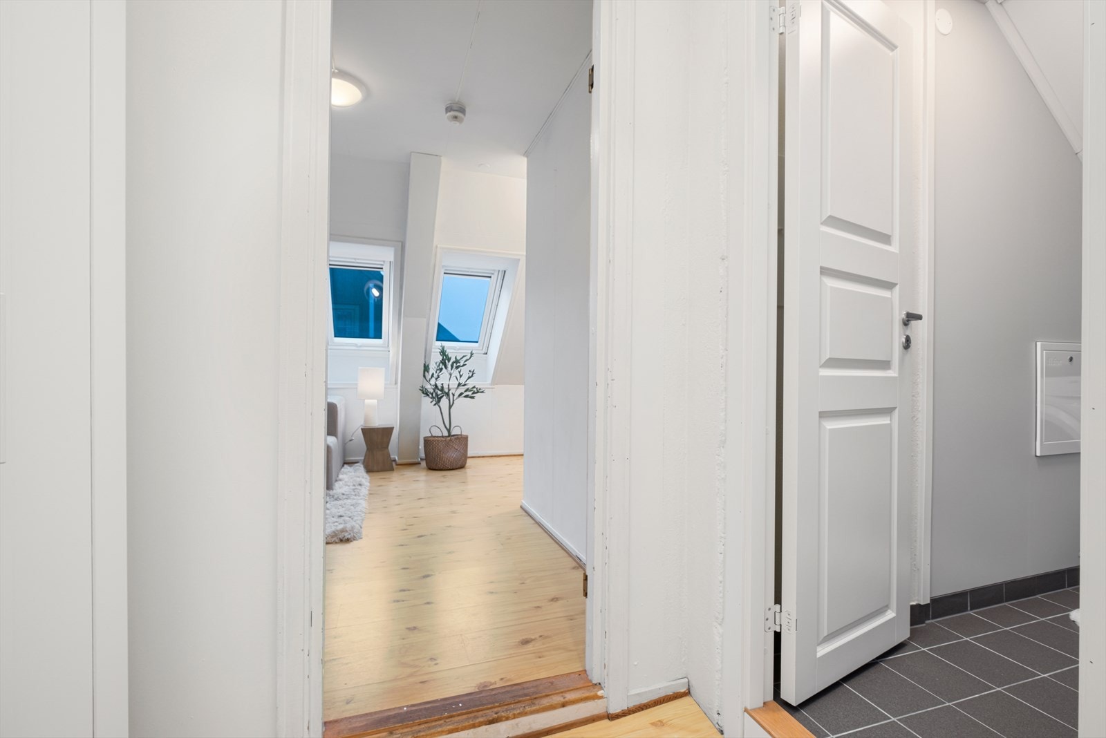 Laminatgulv og lyse vegger gir et innbydende førsteinntrykk. Galleribilde