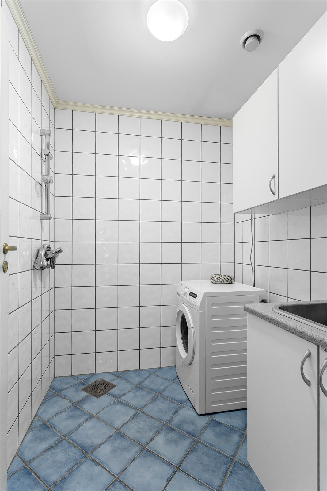 Praktisk vaskerom med skapinnredning og veggmontert dusjarmatur Galleribilde