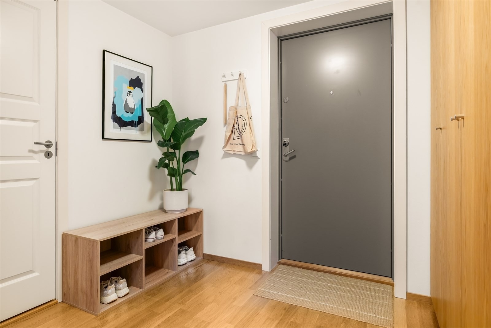 Plassbygget garderobeskap hvor man har rikelig med plass til ytterklær. Døren til venstre leder inn til innvendig bod, og man har i tillegg bod på fellesareal. Galleribilde