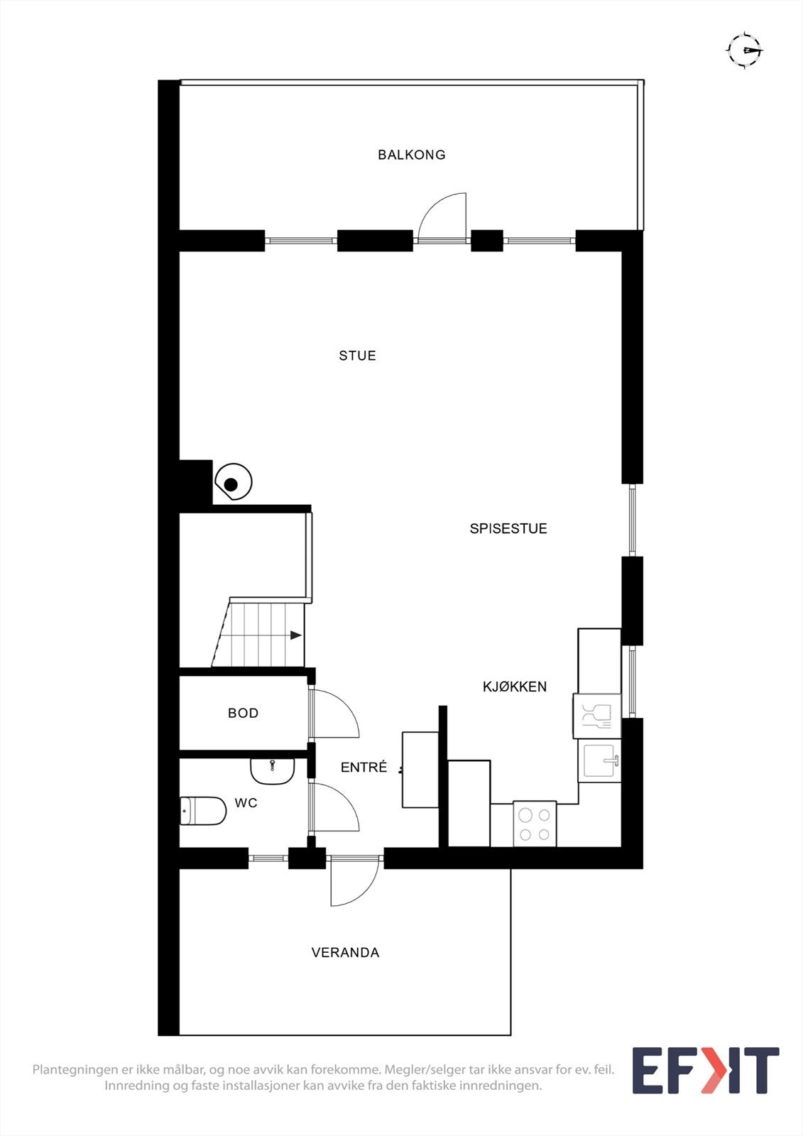 Plantegning for hovedetasjen som viser entré, stue/kjøkken, toalettrom og bod. Galleribilde