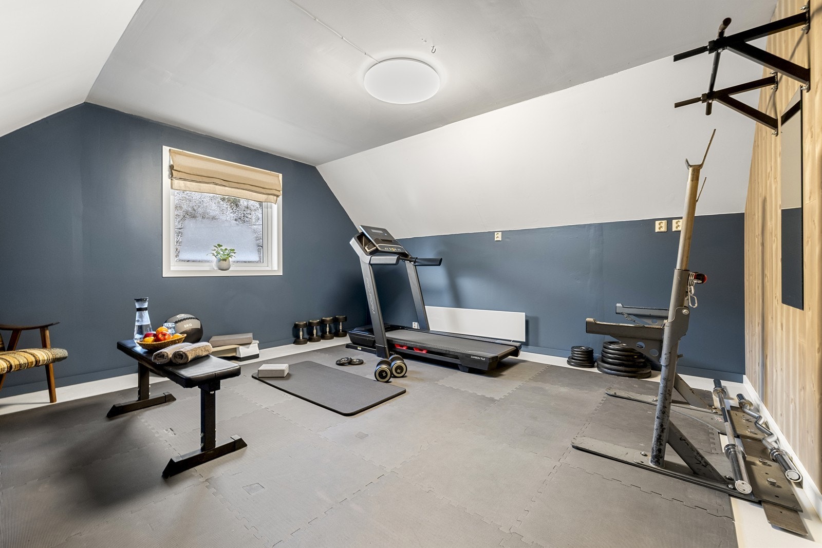 Loftet over garasjen er innredet med et praktisk treningsrom. Galleribilde