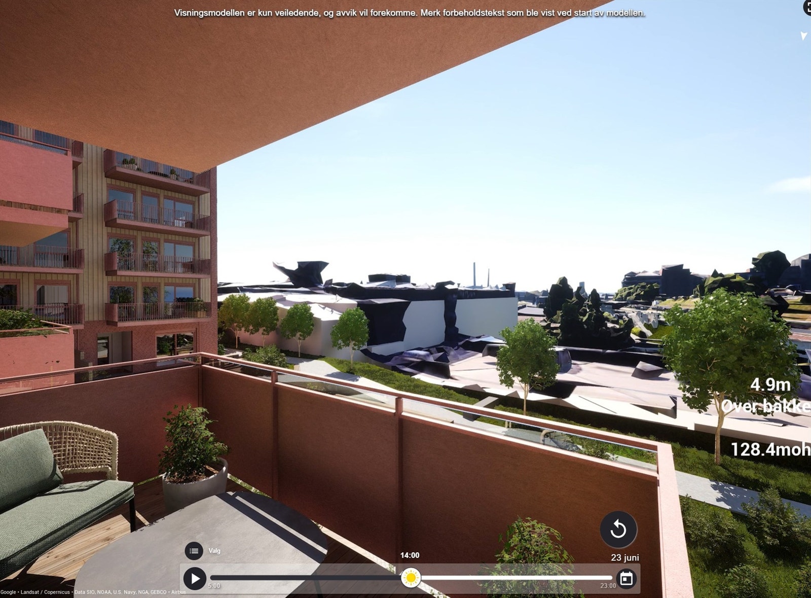 Illustrasjon av utsyn fra sydvestvendt balkong på ca. 6,7 m². Avvik kan forekomme. Galleribilde